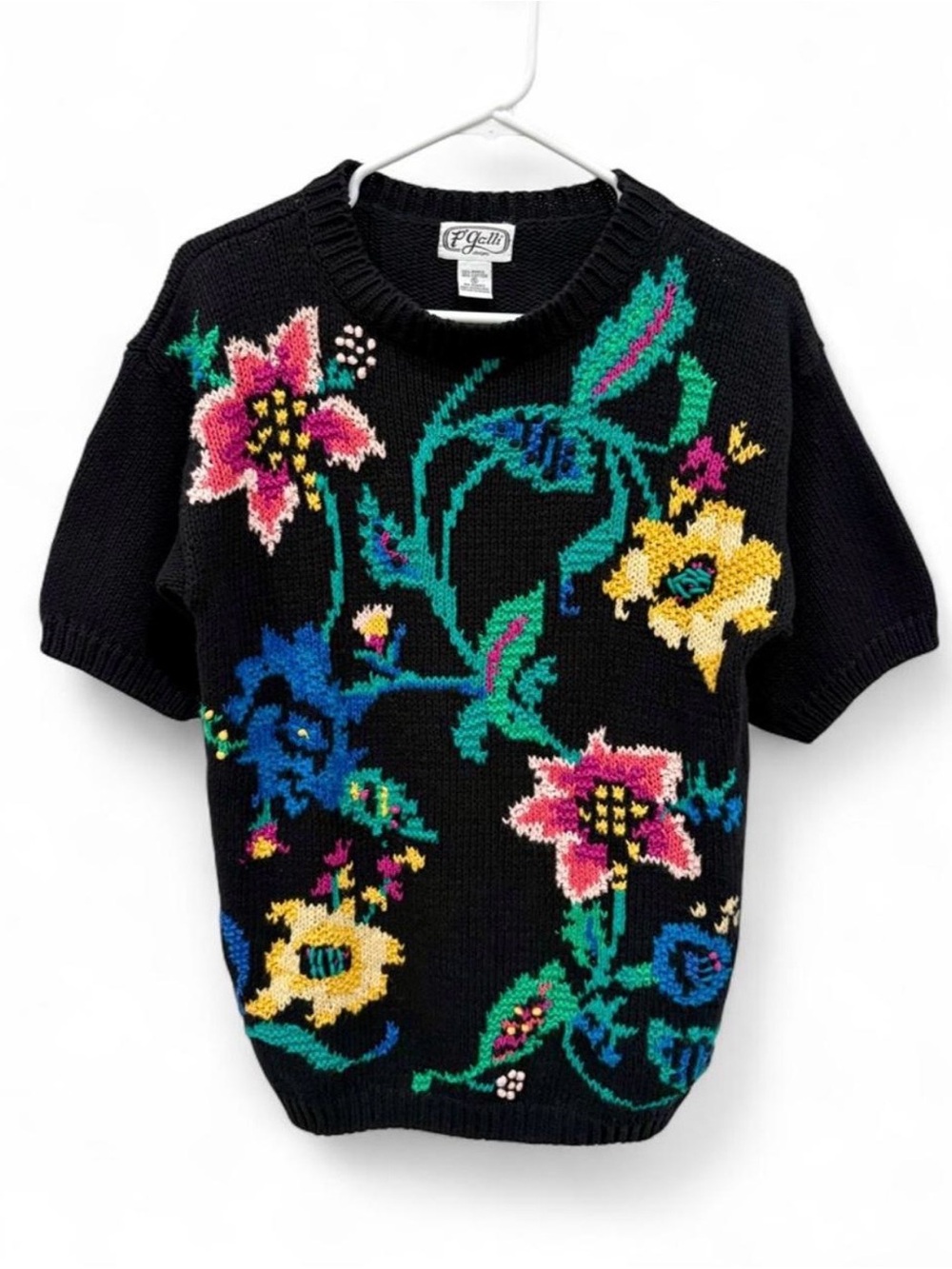 Vintage 90s P'galli Short Sleeve Chunky Knit Colorful Floral Embroidered Sweater